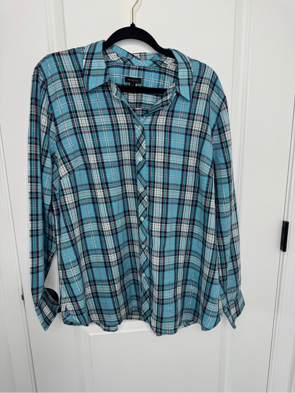 Talbots Teal and Black Plaid Button-Down Shirt NWT XL